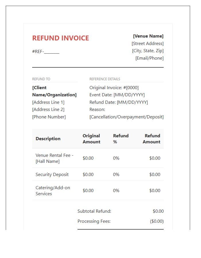 Professional Venue Rental Refund Invoice Template