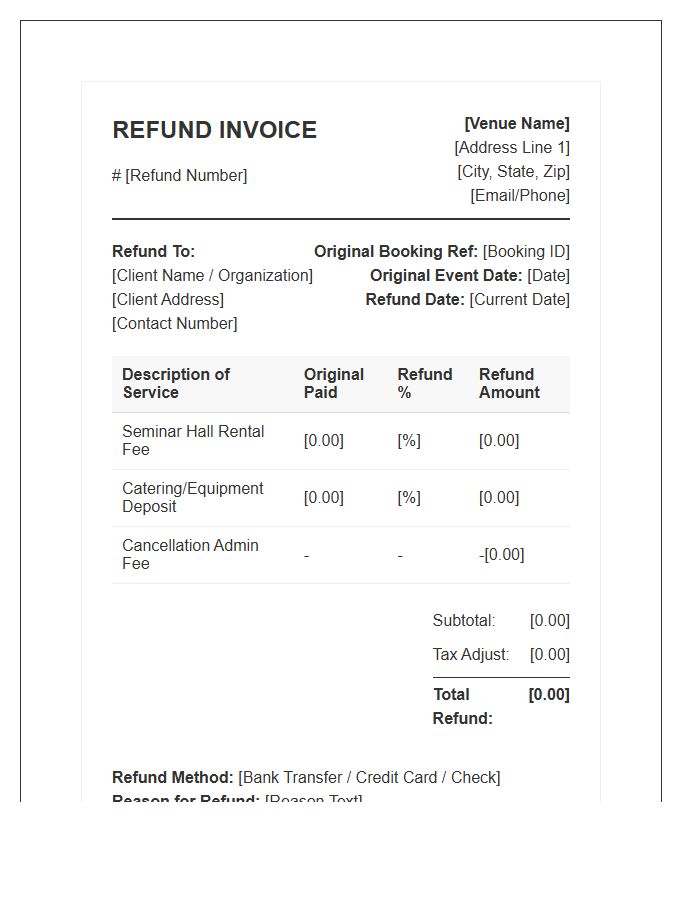 Seminar Venue Booking Refund Invoice Template