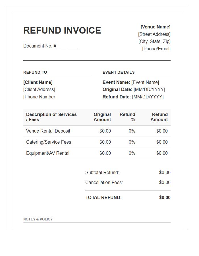 Standard Event Venue Refund Invoice Template