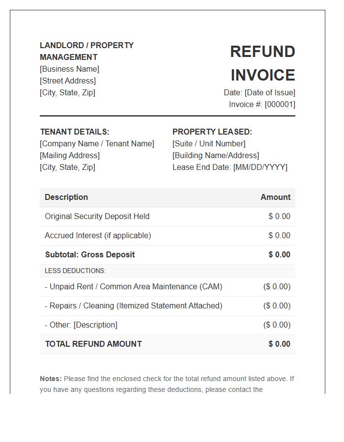Commercial Lease Security Deposit Refund Invoice Template
