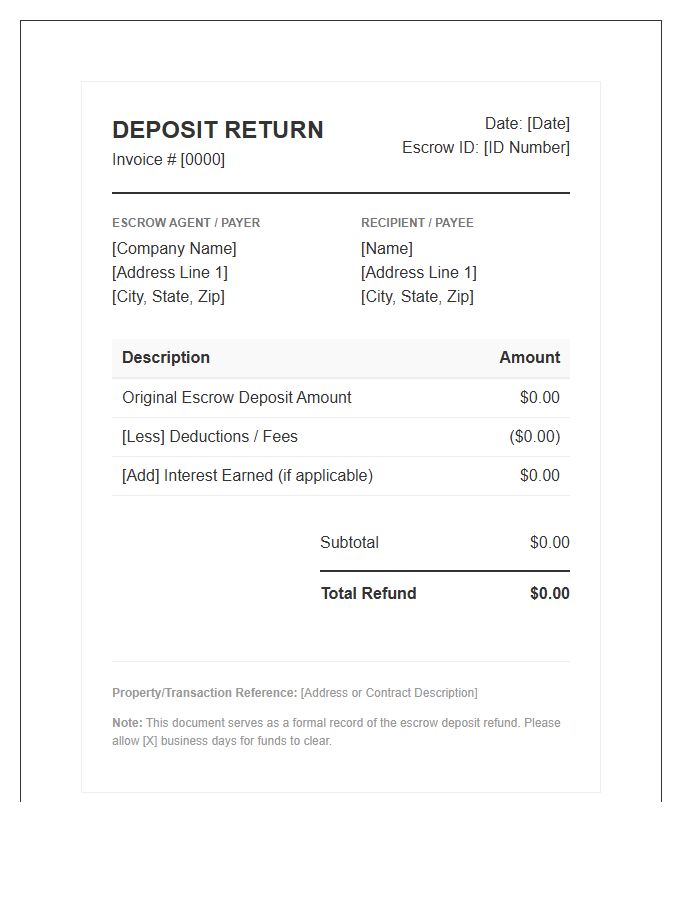 Escrow Deposit Return Refund Invoice Template