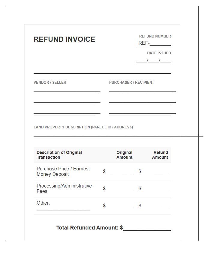 Land Purchase Transaction Refund Invoice Template