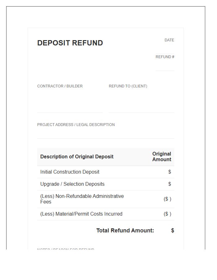 New Construction Deposit Refund Invoice Template