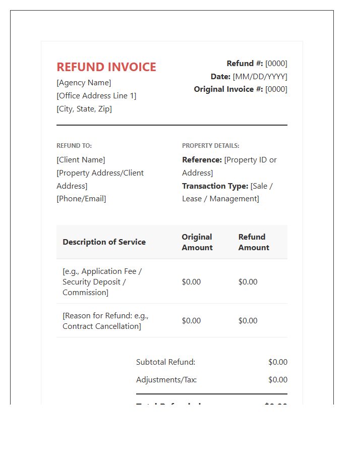 Real Estate Agency Service Refund Invoice Template