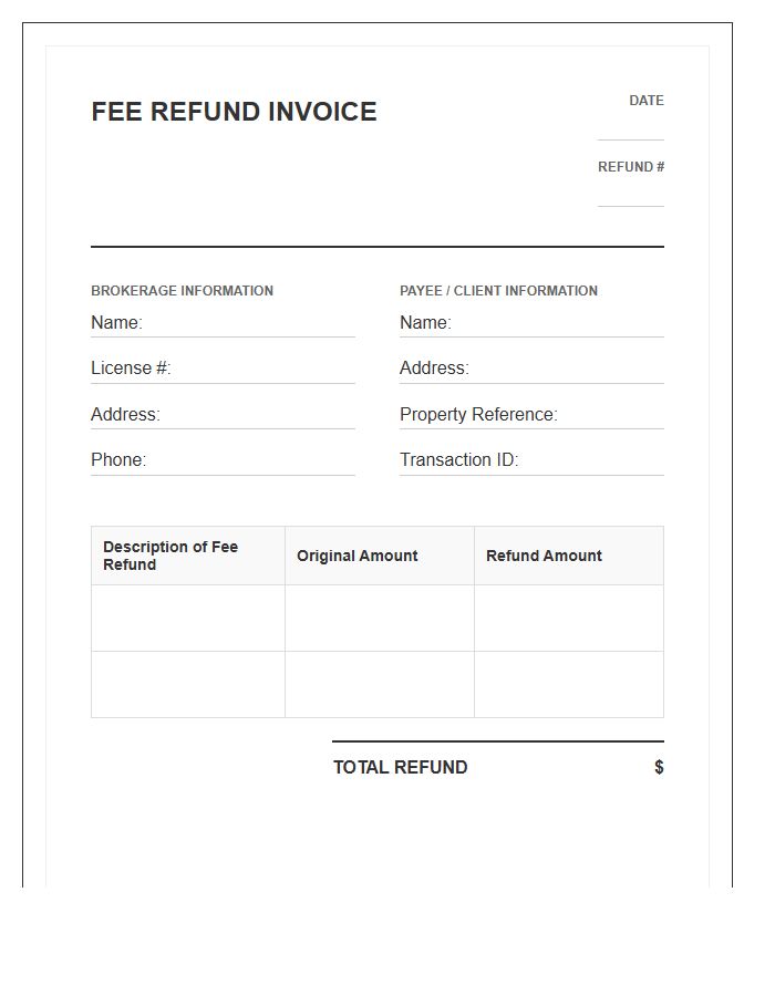 Real Estate Brokerage Fee Refund Invoice Template
