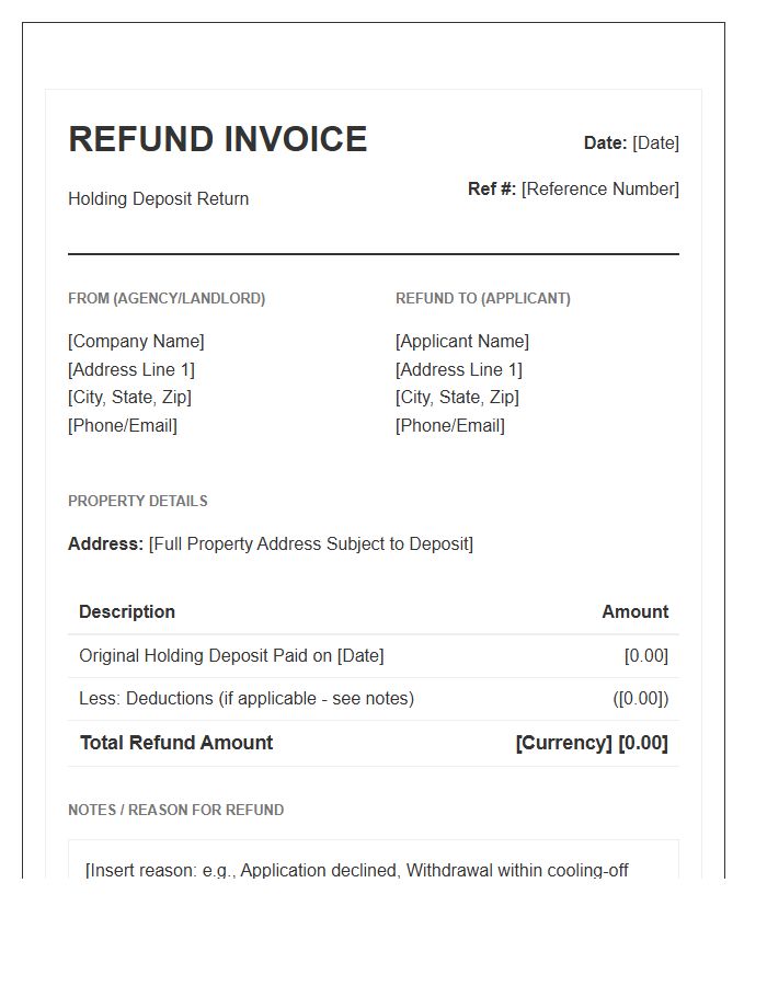 Real Estate Holding Deposit Refund Invoice Template