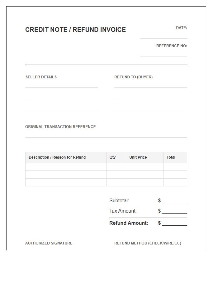 Seller Credit Transaction Refund Invoice Template