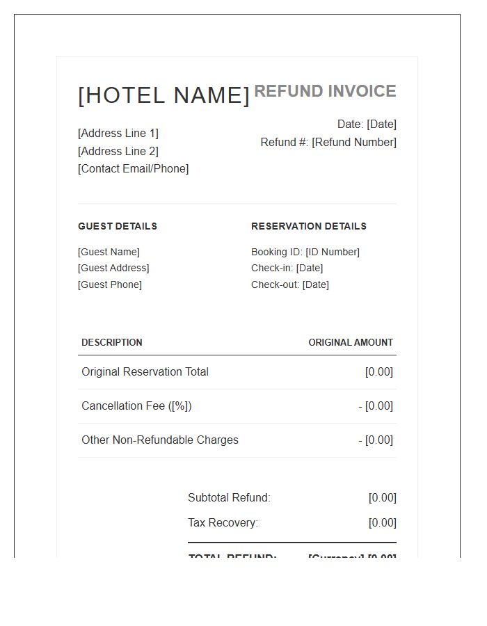 Boutique Hotel Cancellation Refund Invoice Template