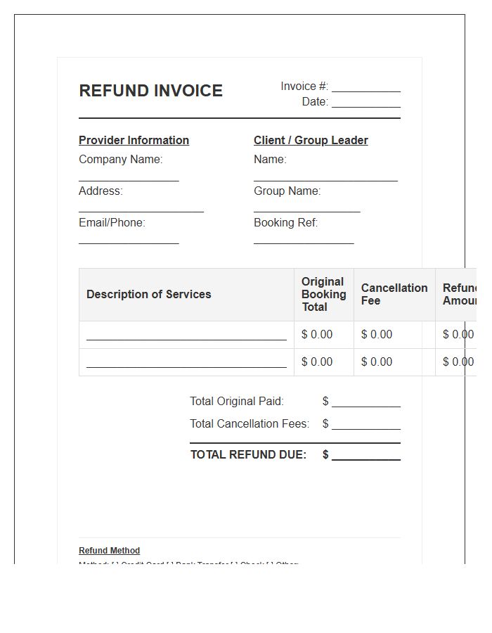 Group Booking Cancellation Refund Invoice Template
