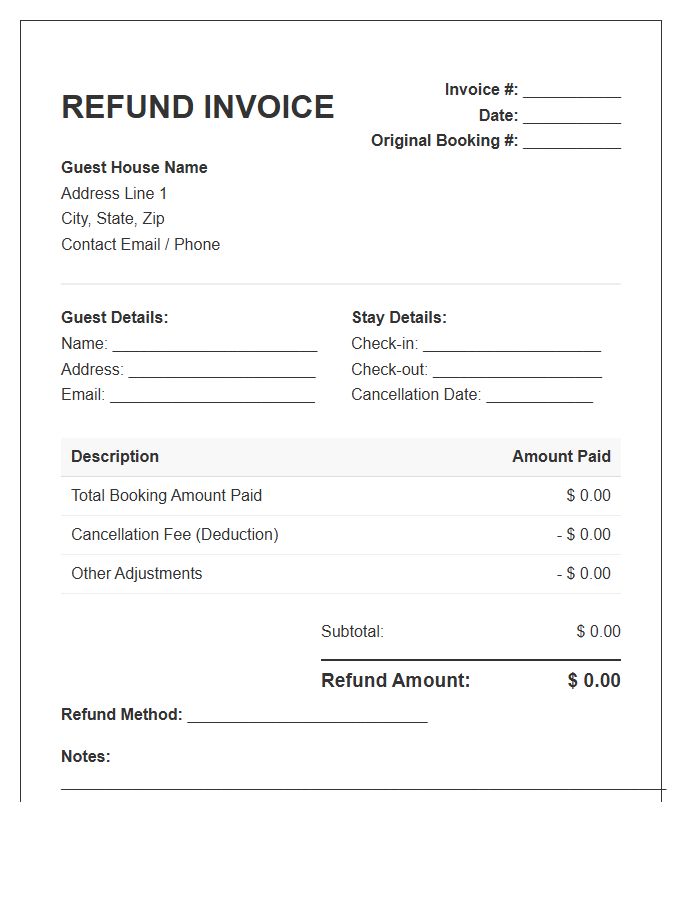 Guest House Cancellation Refund Invoice Template