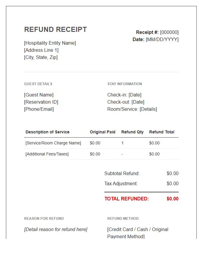 Hospitality Service Refund Receipt Invoice Template