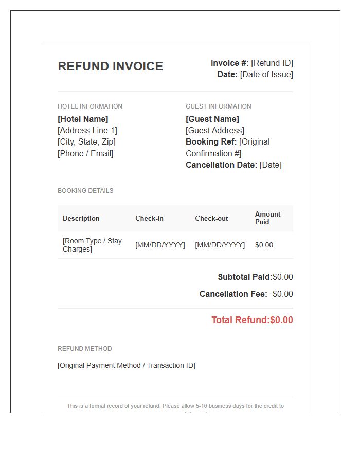 Hotel Booking Cancellation Refund Invoice Template
