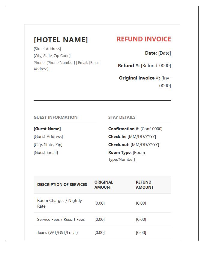 Official Hotel Refund Confirmation Invoice Template