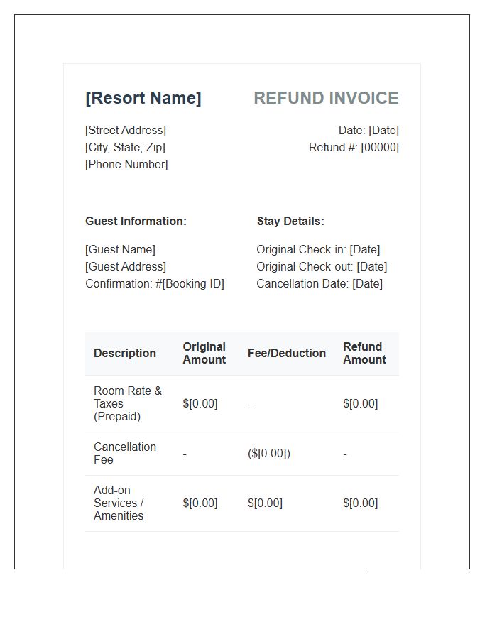 Resort Stay Cancellation Refund Invoice Template