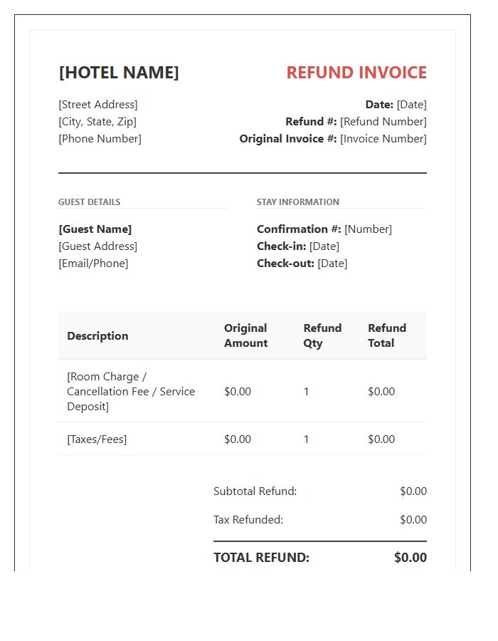 Standard Hotel Refund Transaction Invoice Template