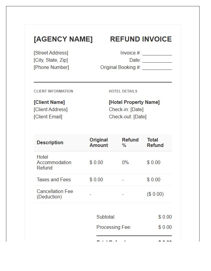 Travel Agency Hotel Refund Invoice Template