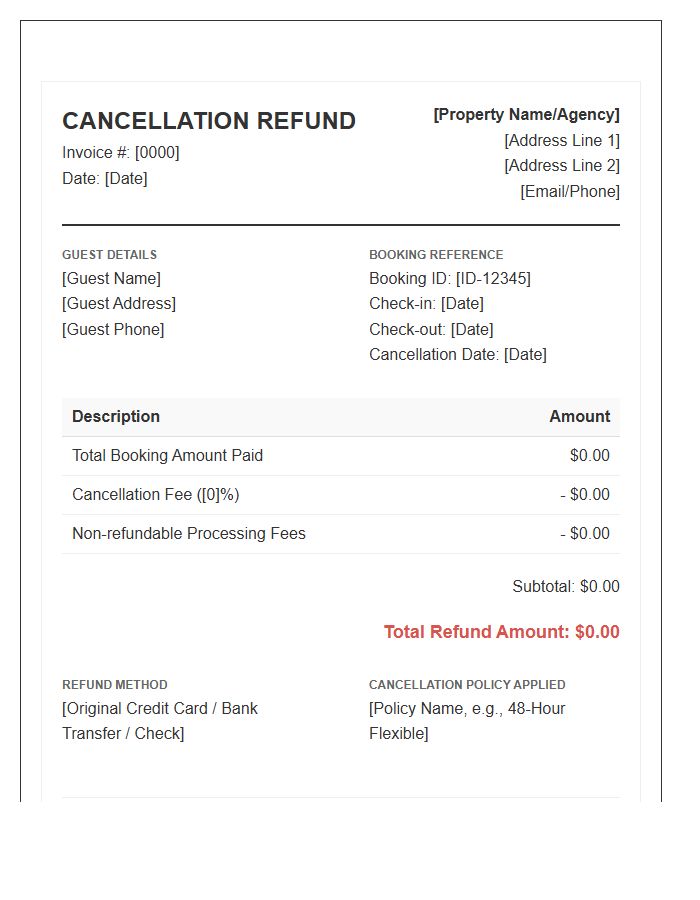 Vacation Rental Cancellation Refund Invoice Template