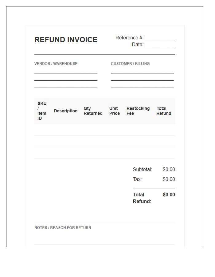 Bulk Order Inventory Refund Process Invoice Template