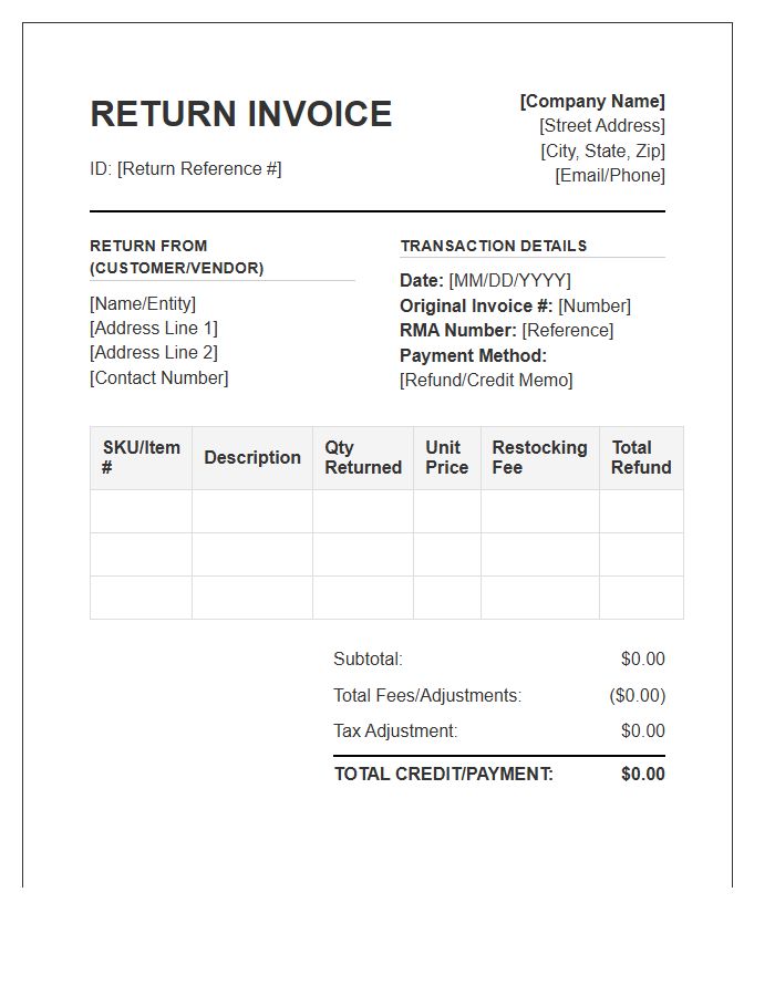 Commercial Inventory Return Payment Invoice Template