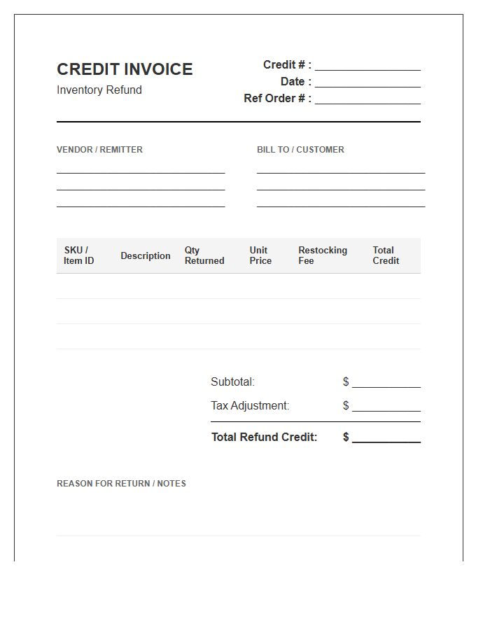 Corporate Inventory Refund Credit Invoice Template