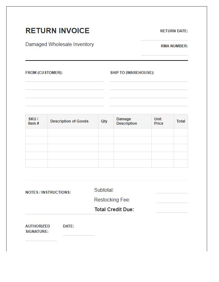 Damaged Wholesale Inventory Return Invoice Template