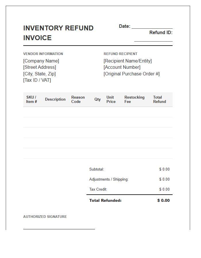 High Volume Inventory Refund Invoice Template