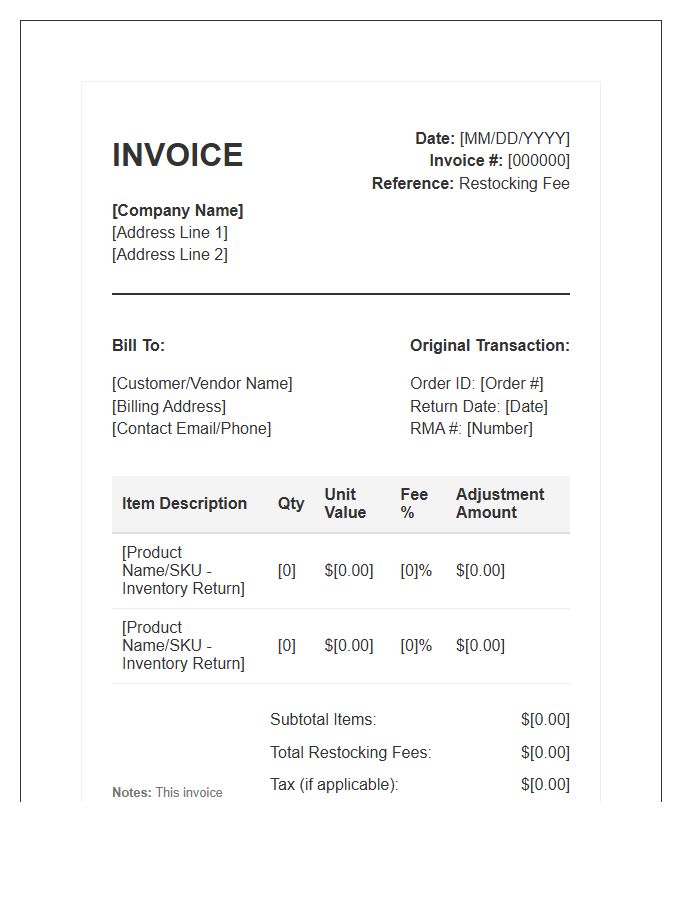 Inventory Restocking Fee Adjustment Invoice Template