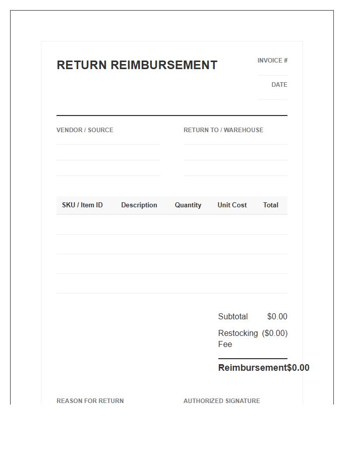 Inventory Stock Return Reimbursement Invoice Template