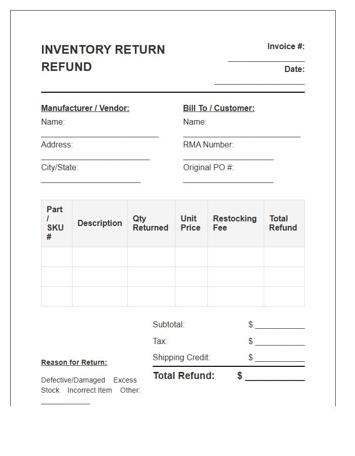 Manufacturing Inventory Return Refund Invoice Template