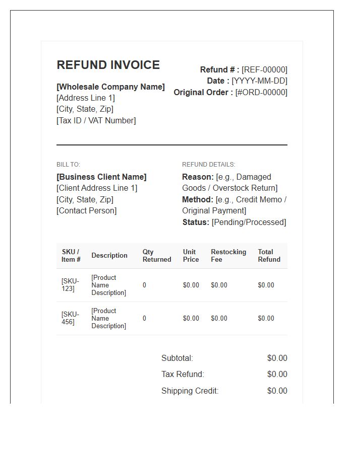 Wholesale B2B Inventory Refund Invoice Template