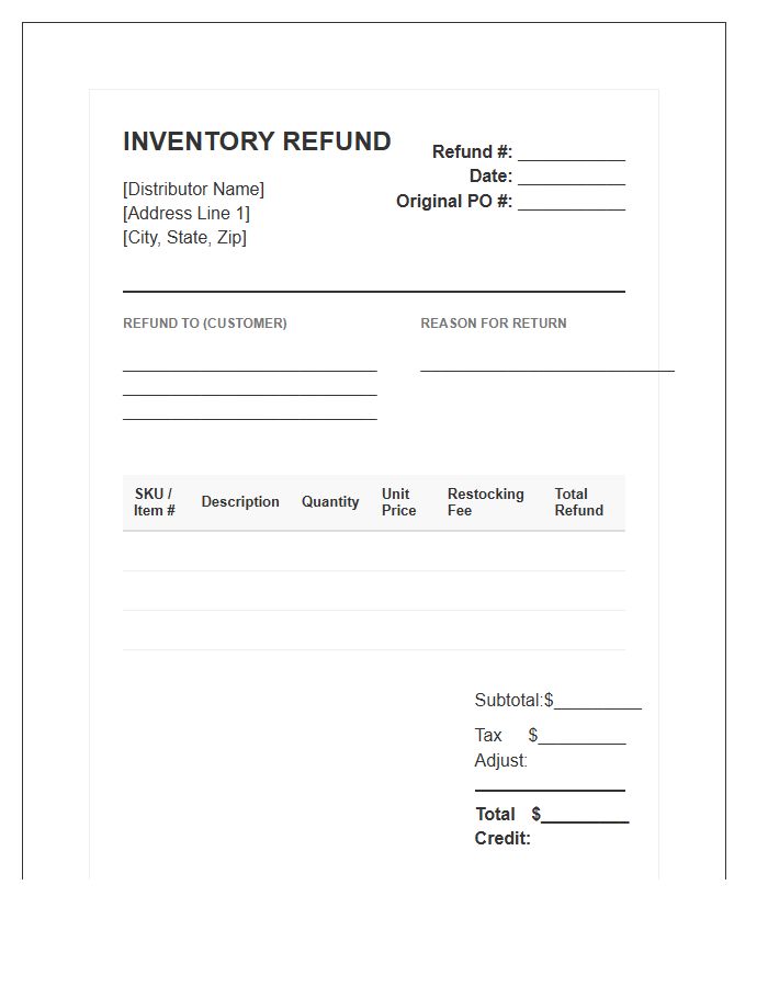 Wholesale Distributor Inventory Refund Invoice Template