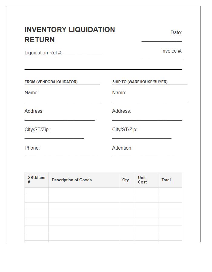 Wholesale Inventory Liquidation Return Invoice Template