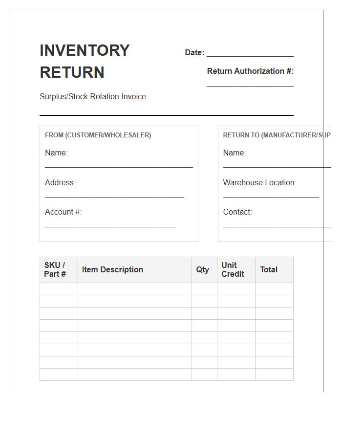 Wholesale Inventory Surplus Return Invoice Template