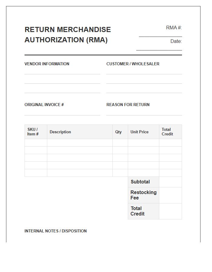 Wholesale Product Return Authorization Invoice Template