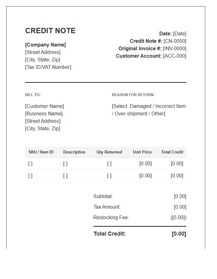 Wholesale Purchase Return Credit Note Invoice Template
