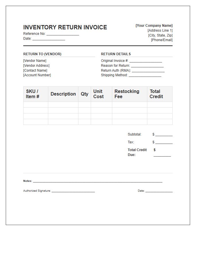 Wholesale Vendor Inventory Return Invoice Template
