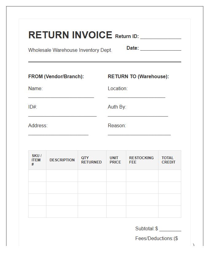 Wholesale Warehouse Inventory Return Invoice Template