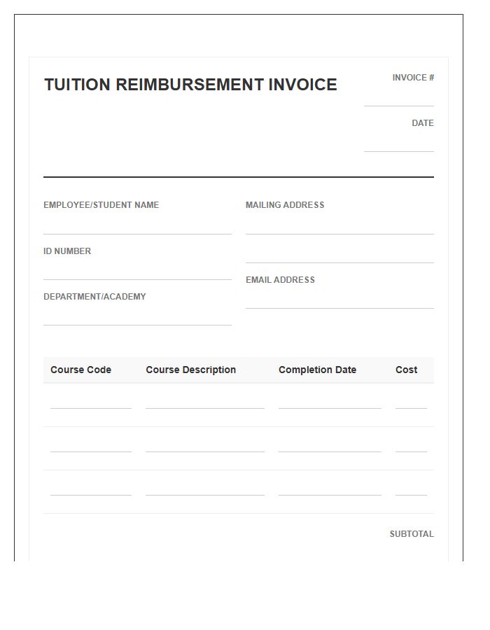 Academy Tuition Reimbursement Invoice Template