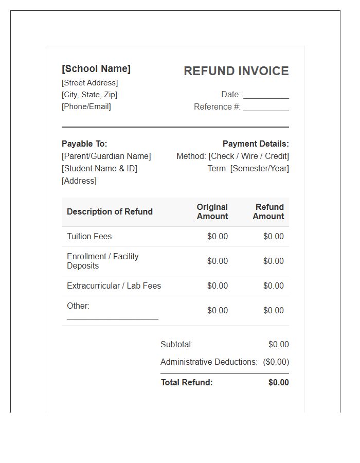 Administrative Private School Refund Invoice Template