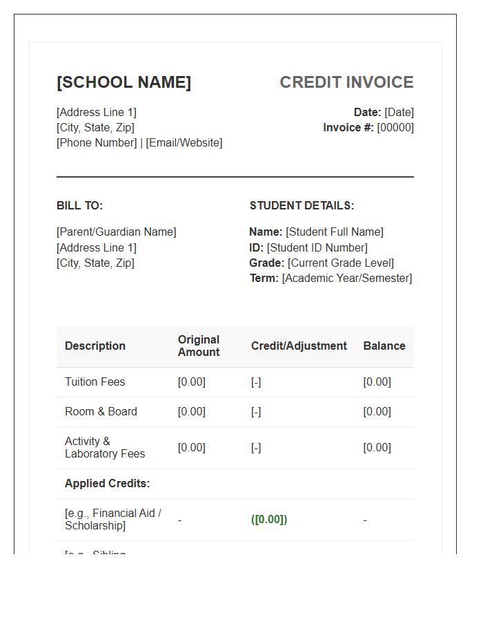 Boarding School Tuition Credit Invoice Template