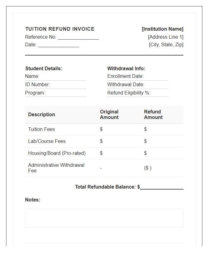Early Withdrawal Tuition Refund Invoice Template