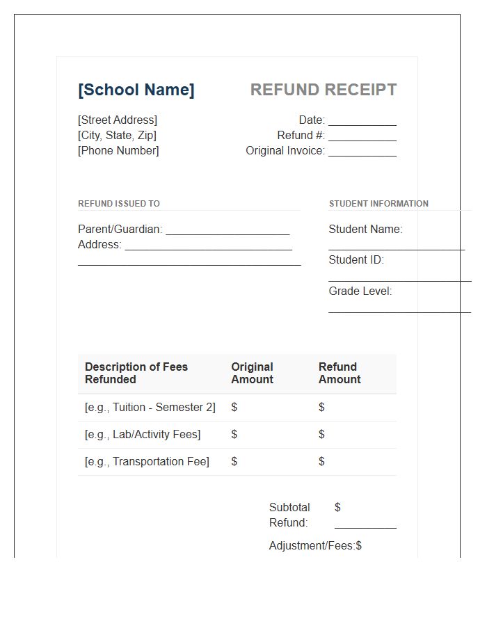 K12 Private School Refund Invoice Template