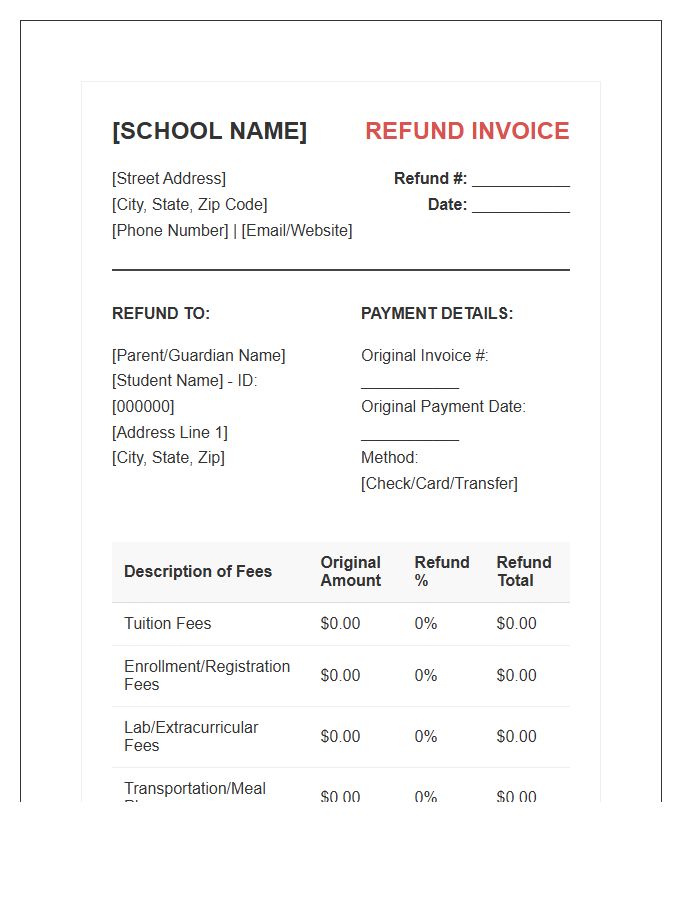 Official Private School Refund Invoice Template