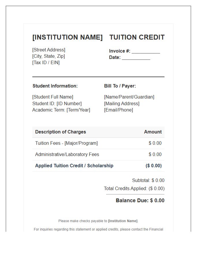 Private Institution Tuition Credit Invoice Template