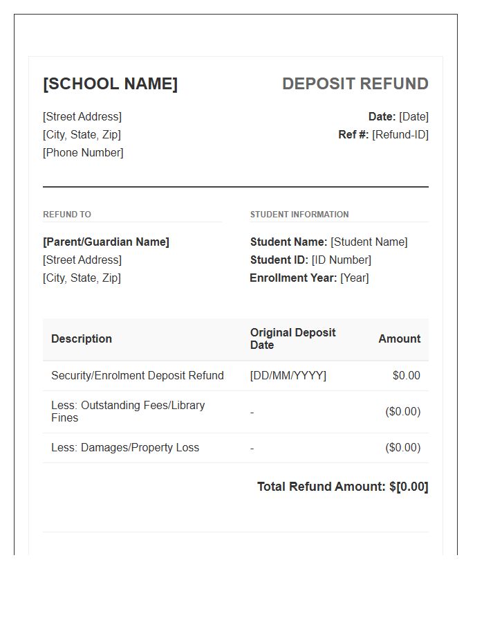 Private School Deposit Refund Invoice Template