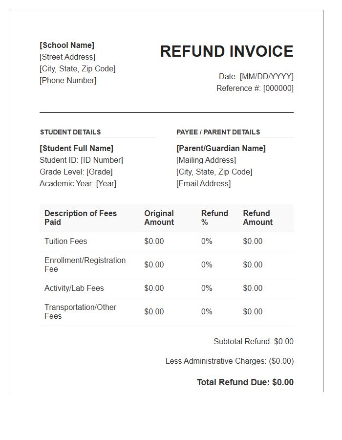 Private School Enrollment Refund Invoice Template