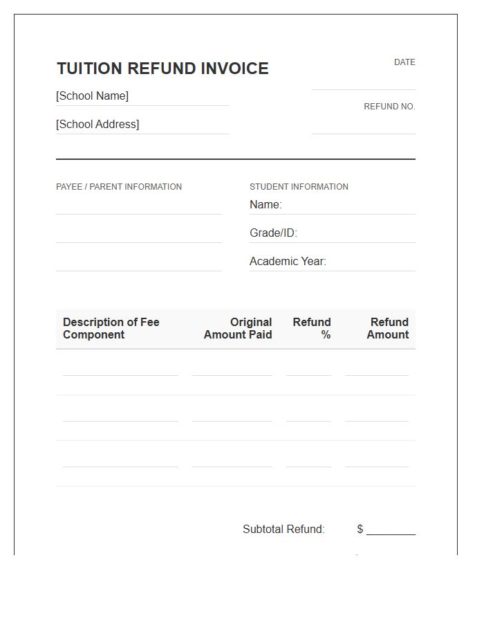 Private School Tuition Fee Refund Invoice Template
