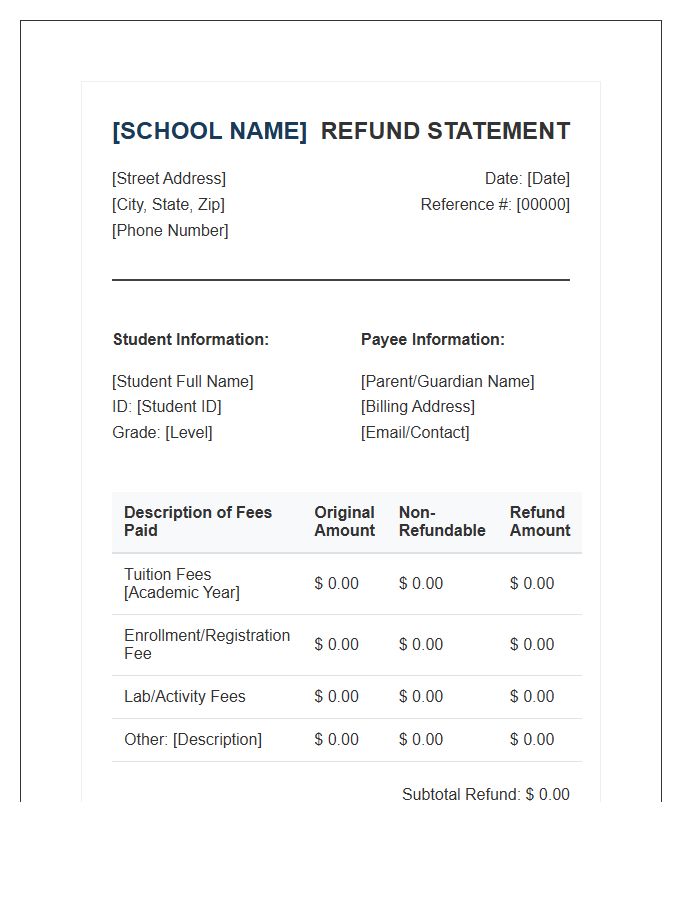 Private School Tuition Refund Statement Invoice Template