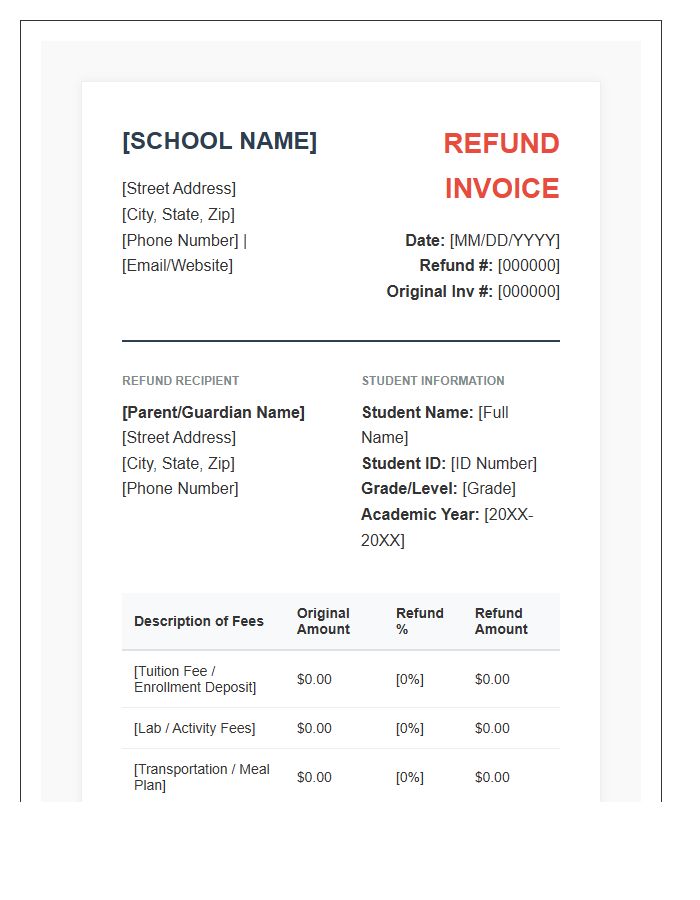 Professional Private School Refund Invoice Template