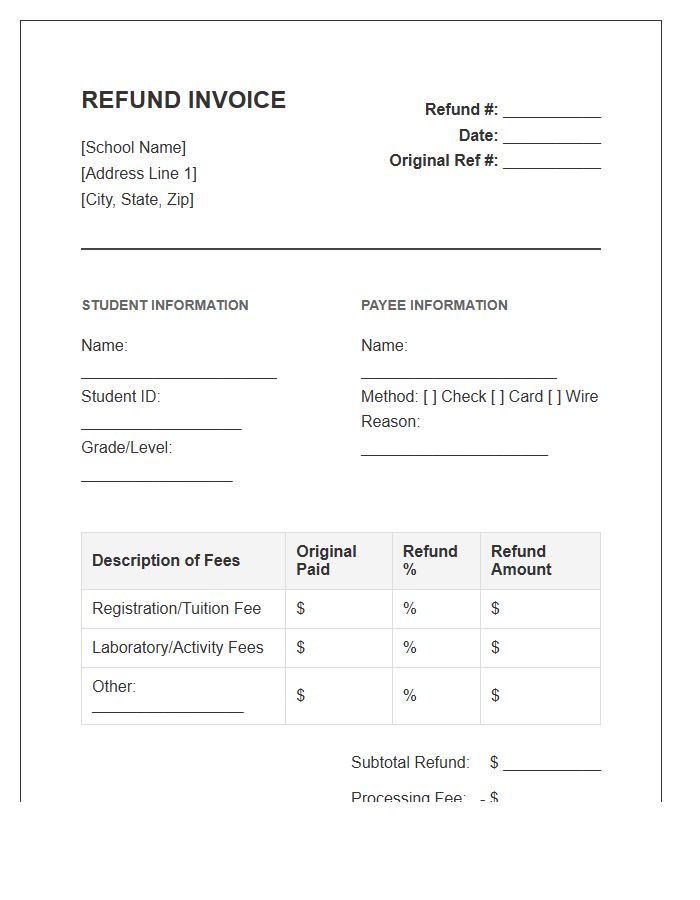 School Registration Refund Invoice Template